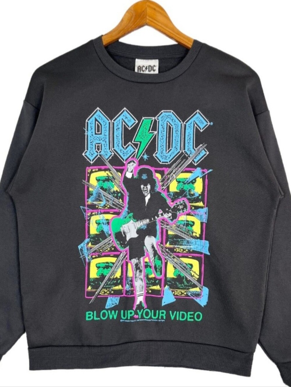 AC/DC Black Crewneck Sweatshirt with Neon Multicolor Rock Graphic